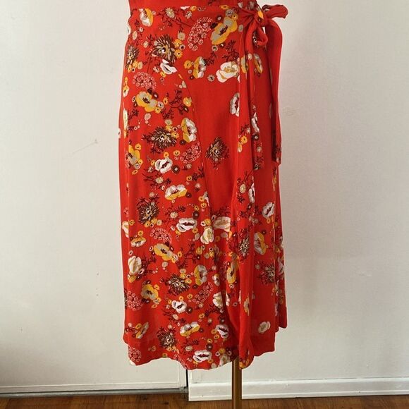 Free People Orange Red Floral Jess Wrap Midi Dress Size XS - Picture 4 of 12